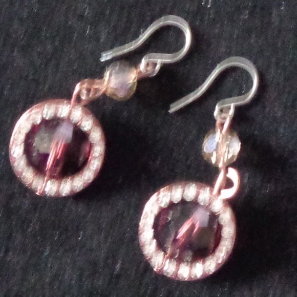 Georgous BROWN & Clear CRYSTAL set in Rose Goldtone DANGLE French Wire EARRINGS - Picture 2 of 4